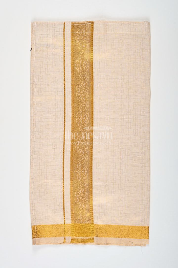 The Nesavu Boys Vesti Boys Traditional Tissue Dhoti with Paisley Zari Border for Graceful Simplicity in Simple Dhoti Style Nesavu 16 (1Y) / Gold D021B-16 Boys Simple Dhoti Embossed Tissue Fabric Paisley Zari Border Everyday Traditional Style | The Nesavu