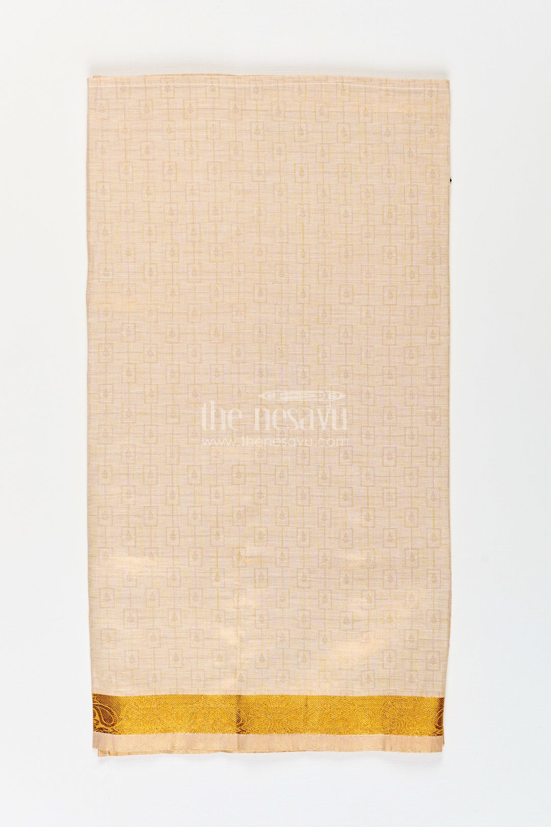 The Nesavu Boys Vesti Boys Traditional Tissue Dhoti with Paisley Zari Border for Graceful Simplicity in Simple Dhoti Style Nesavu Boys Simple Dhoti Embossed Tissue Fabric Paisley Zari Border Everyday Traditional Style | The Nesavu