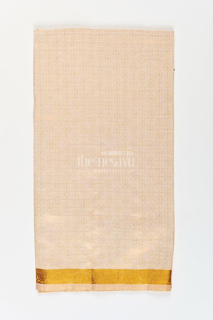 The Nesavu Boys Vesti Boys Traditional Tissue Dhoti with Paisley Zari Border for Graceful Simplicity in Simple Dhoti Style Nesavu Boys Simple Dhoti Embossed Tissue Fabric Paisley Zari Border Everyday Traditional Style | The Nesavu