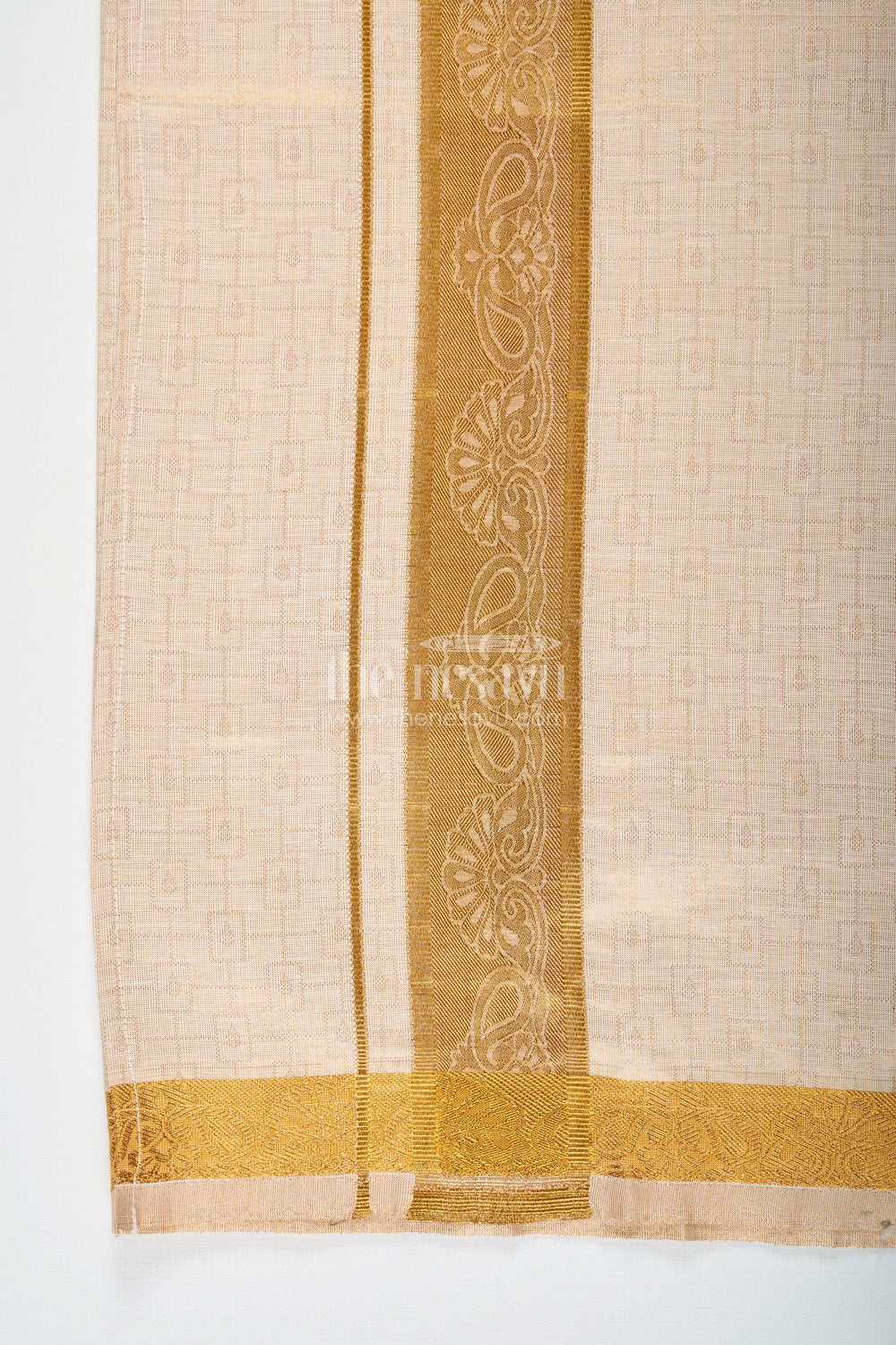 The Nesavu Boys Vesti Boys Traditional Tissue Dhoti with Paisley Zari Border for Graceful Simplicity in Simple Dhoti Style Nesavu Boys Simple Dhoti Embossed Tissue Fabric Paisley Zari Border Everyday Traditional Style | The Nesavu