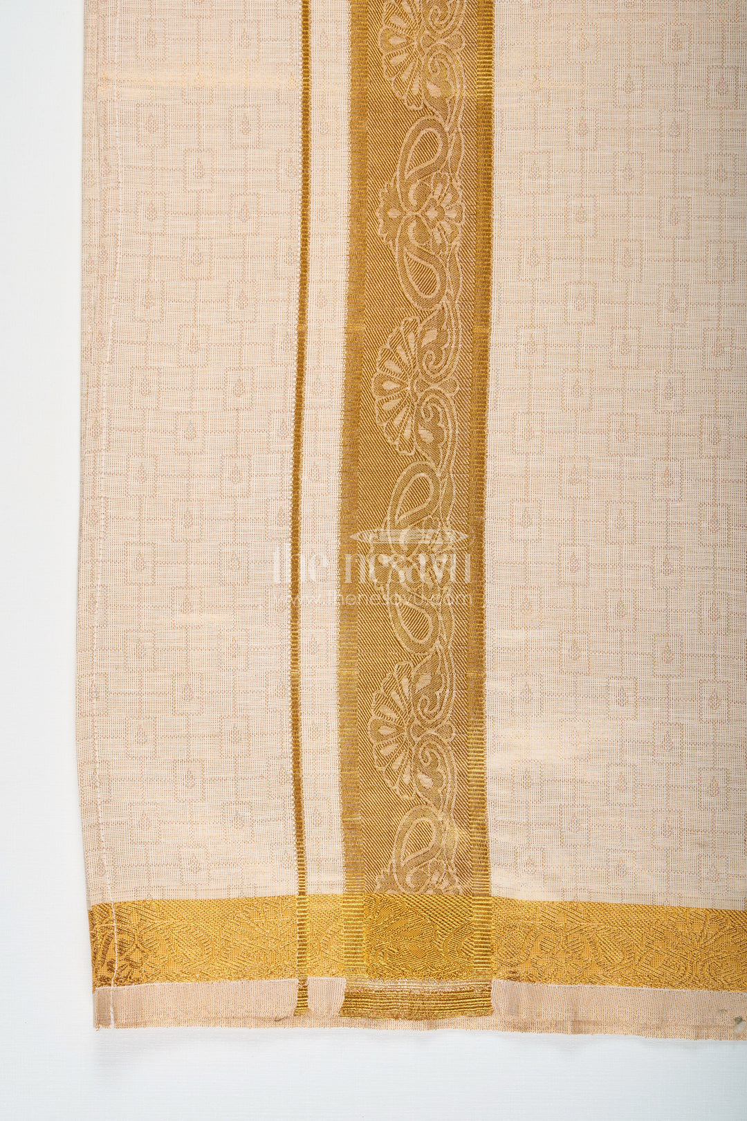 The Nesavu Boys Vesti Boys Traditional Tissue Dhoti with Paisley Zari Border for Graceful Simplicity in Simple Dhoti Style Nesavu Boys Simple Dhoti Embossed Tissue Fabric Paisley Zari Border Everyday Traditional Style | The Nesavu