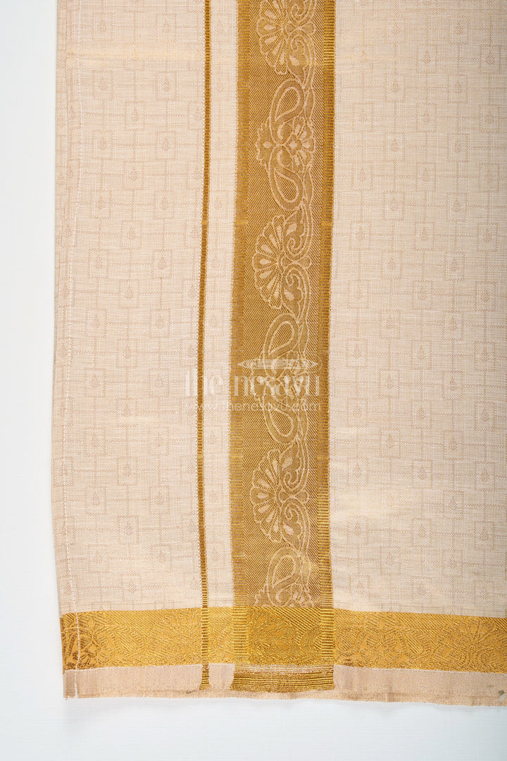 The Nesavu Boys Vesti Boys Traditional Tissue Dhoti with Paisley Zari Border for Graceful Simplicity in Simple Dhoti Style Nesavu Boys Simple Dhoti Embossed Tissue Fabric Paisley Zari Border Everyday Traditional Style | The Nesavu