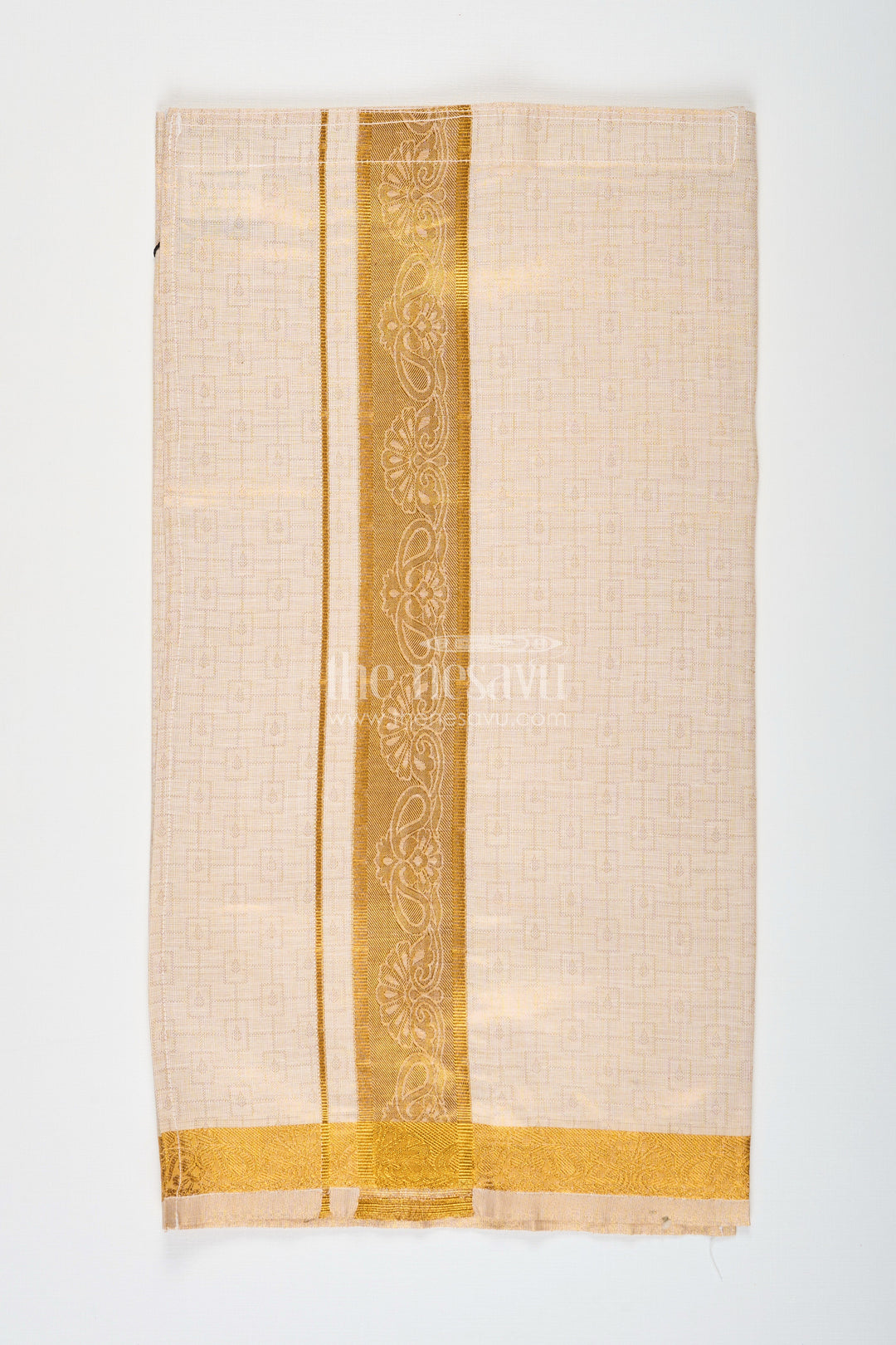 The Nesavu Boys Vesti Boys Traditional Tissue Dhoti with Paisley Zari Border for Graceful Simplicity in Simple Dhoti Style Nesavu Boys Simple Dhoti Embossed Tissue Fabric Paisley Zari Border Everyday Traditional Style | The Nesavu