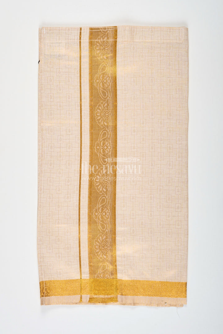 The Nesavu Boys Vesti Boys Traditional Tissue Dhoti with Paisley Zari Border for Graceful Simplicity in Simple Dhoti Style Nesavu Boys Simple Dhoti Embossed Tissue Fabric Paisley Zari Border Everyday Traditional Style | The Nesavu