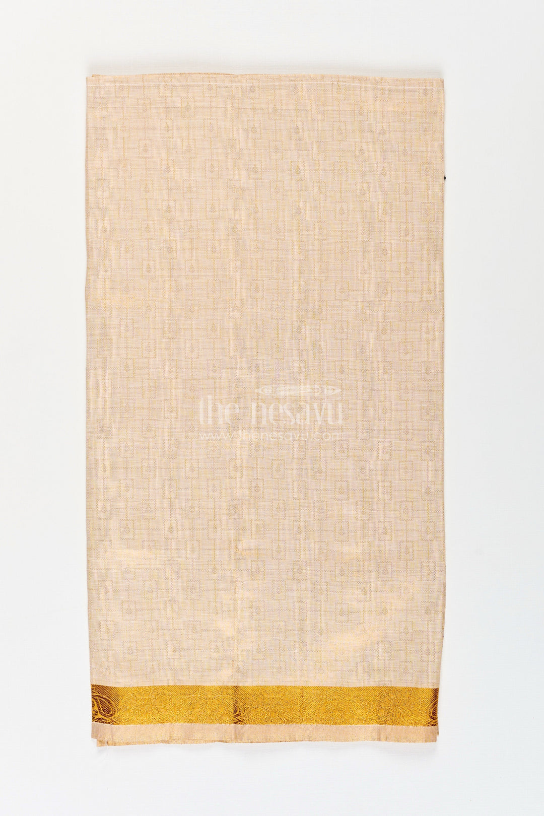 The Nesavu Boys Vesti Boys Traditional Tissue Dhoti with Paisley Zari Border for Graceful Simplicity in Simple Dhoti Style Nesavu Boys Simple Dhoti Embossed Tissue Fabric Paisley Zari Border Everyday Traditional Style | The Nesavu