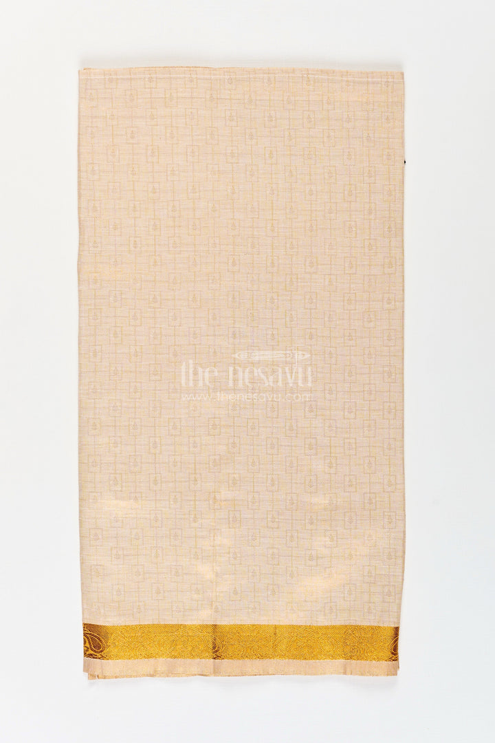 The Nesavu Boys Vesti Boys Traditional Tissue Dhoti with Paisley Zari Border for Graceful Simplicity in Simple Dhoti Style Nesavu Boys Simple Dhoti Embossed Tissue Fabric Paisley Zari Border Everyday Traditional Style | The Nesavu
