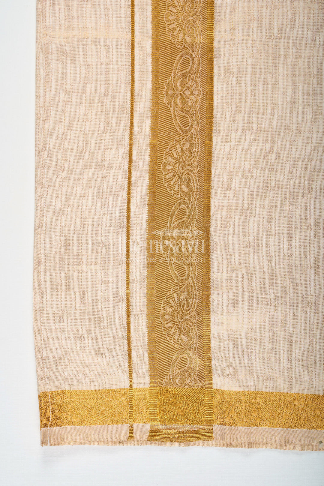 The Nesavu Boys Vesti Boys Traditional Tissue Dhoti with Paisley Zari Border for Graceful Simplicity in Simple Dhoti Style Nesavu Boys Simple Dhoti Embossed Tissue Fabric Paisley Zari Border Everyday Traditional Style | The Nesavu