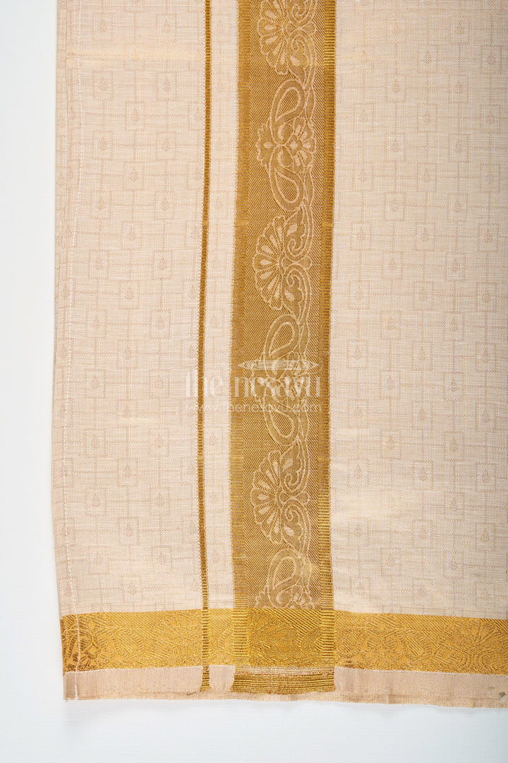 The Nesavu Boys Vesti Boys Traditional Tissue Dhoti with Paisley Zari Border for Graceful Simplicity in Simple Dhoti Style Nesavu Boys Simple Dhoti Embossed Tissue Fabric Paisley Zari Border Everyday Traditional Style | The Nesavu