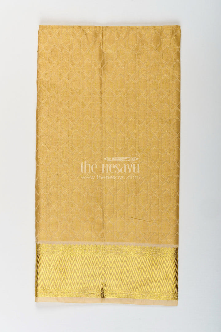 The Nesavu Boys Vesti Boys Traditional Veshti Dhoti in Golden Tissue Fabric with Embossed Ethnic Design Nesavu Golden Tissue Veshti Dhoti Boys Embossed Fabric Traditional Ethnic Finish | The Nesavu