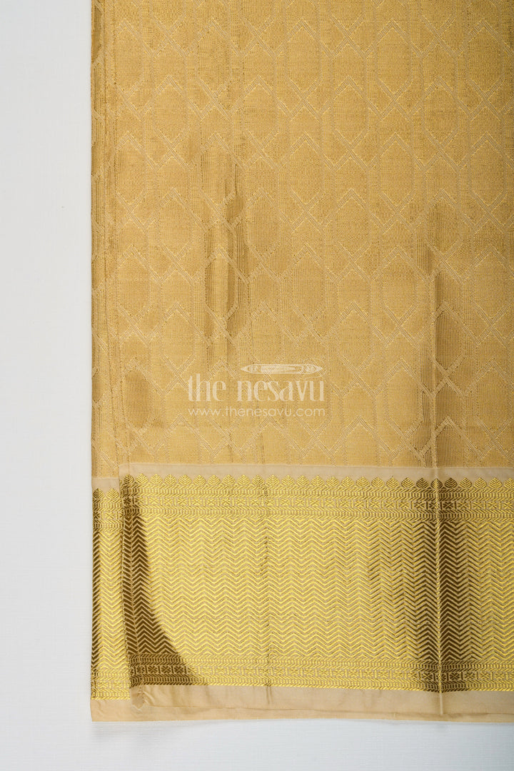 The Nesavu Boys Vesti Boys Traditional Veshti Dhoti in Golden Tissue Fabric with Embossed Ethnic Design Nesavu Golden Tissue Veshti Dhoti Boys Embossed Fabric Traditional Ethnic Finish | The Nesavu