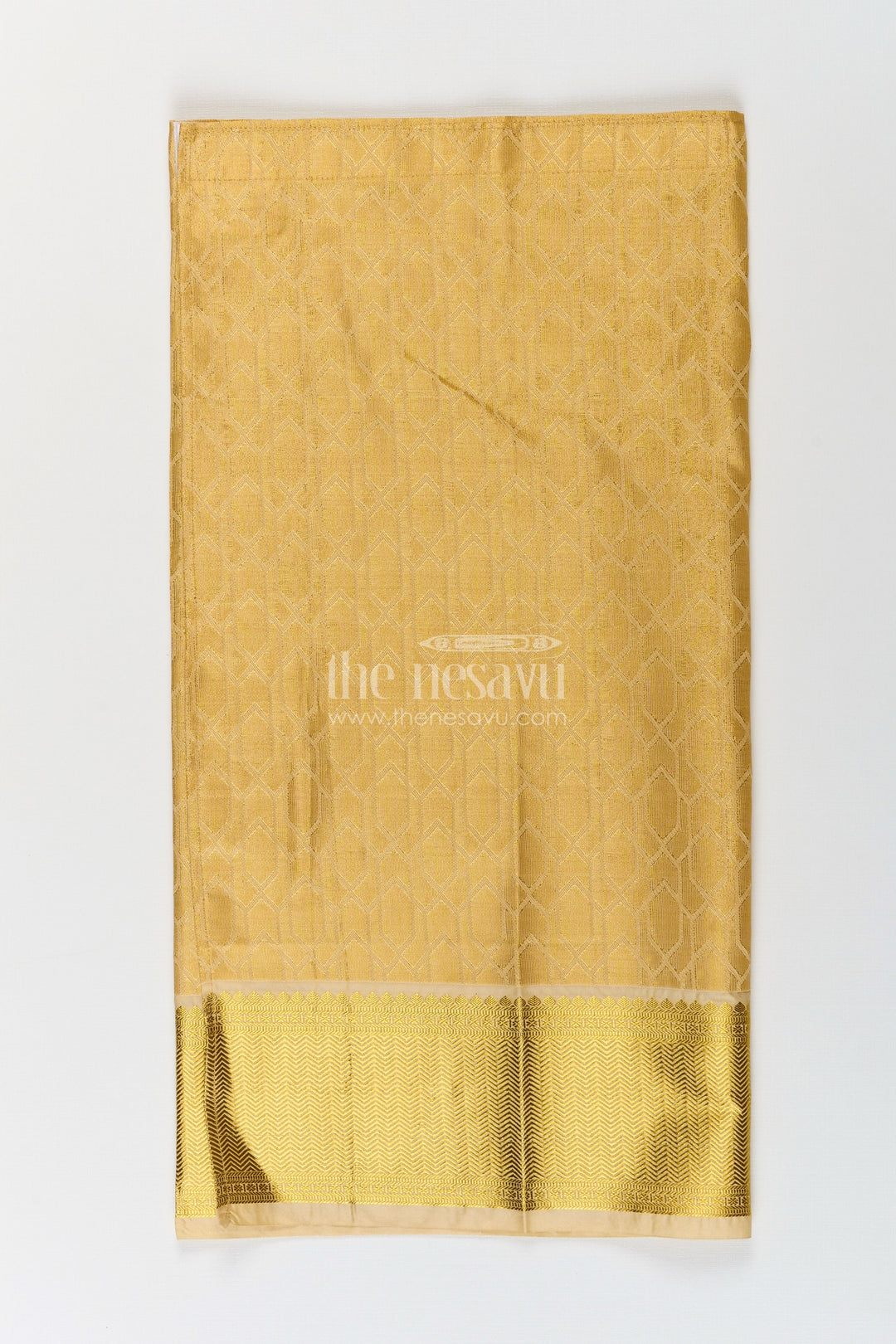 The Nesavu Boys Vesti Boys Traditional Veshti Dhoti in Golden Tissue Fabric with Embossed Ethnic Design Nesavu Golden Tissue Veshti Dhoti Boys Embossed Fabric Traditional Ethnic Finish | The Nesavu