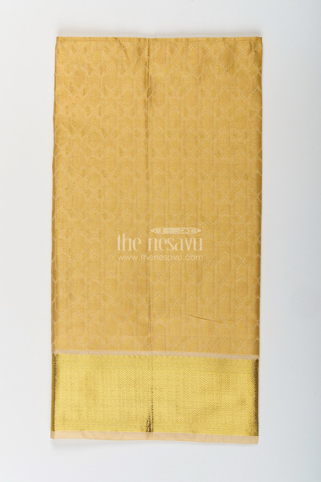 The Nesavu Boys Vesti Boys Traditional Veshti Dhoti in Golden Tissue Fabric with Embossed Ethnic Design Nesavu Golden Tissue Veshti Dhoti Boys Embossed Fabric Traditional Ethnic Finish | The Nesavu
