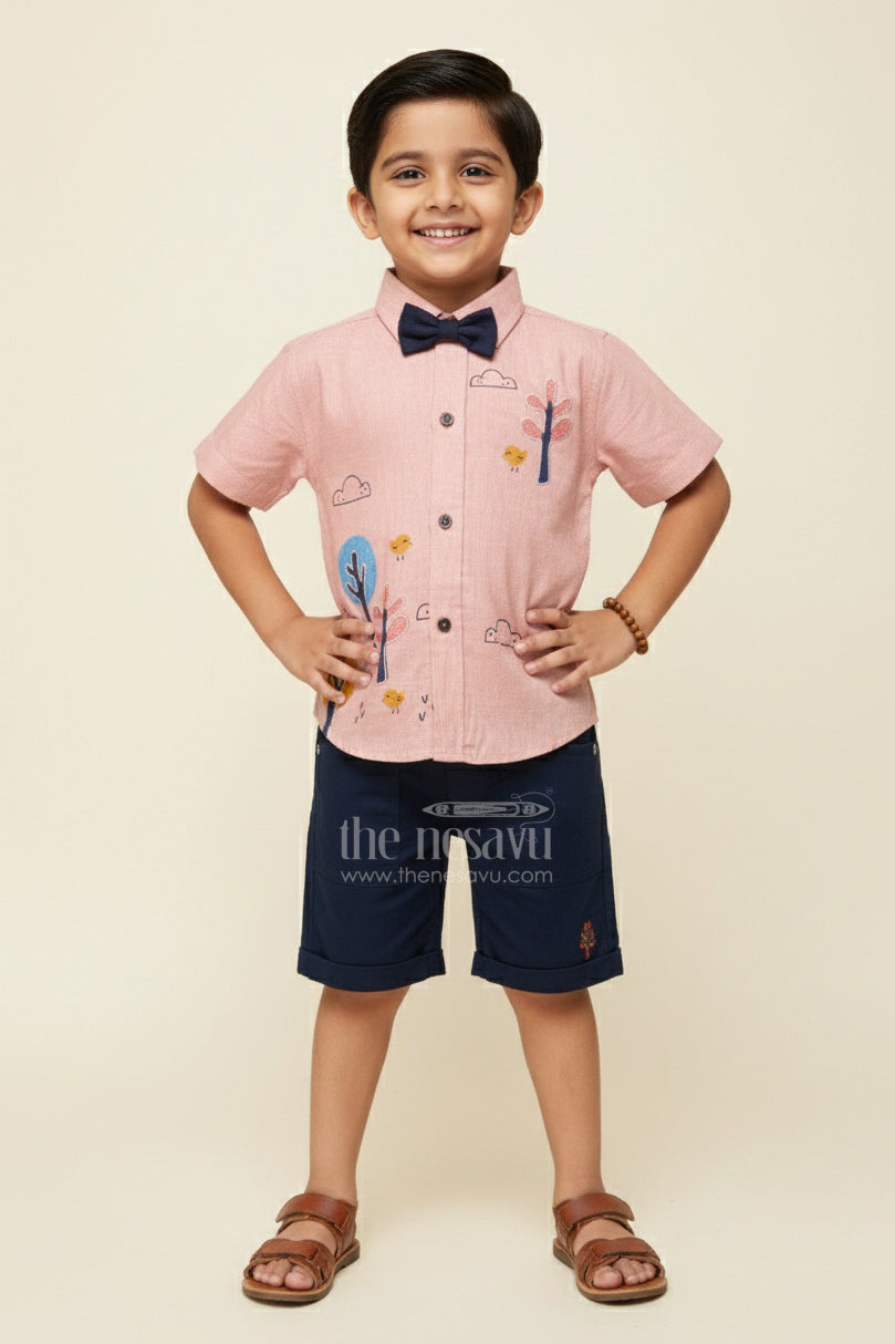The Nesavu Boys Casual Set Boys Tree-Embroidered Shirt and Shorts Set for Birthdays and Outings Nesavu 14 (6M) / Peach BCS446A-14 Nesavu boys embroidered nature theme shirt shorts outfit birthdays casual events