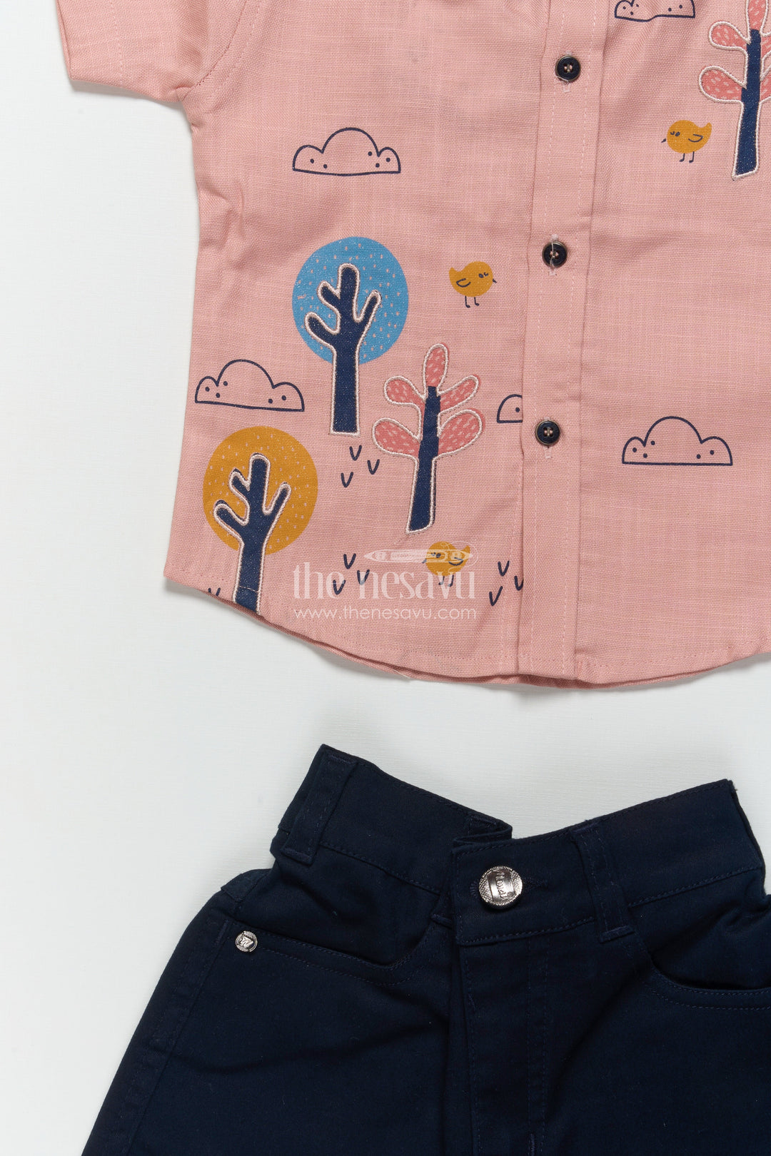 The Nesavu Boys Casual Set Boys Tree-Embroidered Shirt and Shorts Set for Birthdays and Outings Nesavu Nesavu boys embroidered nature theme shirt shorts outfit birthdays casual events