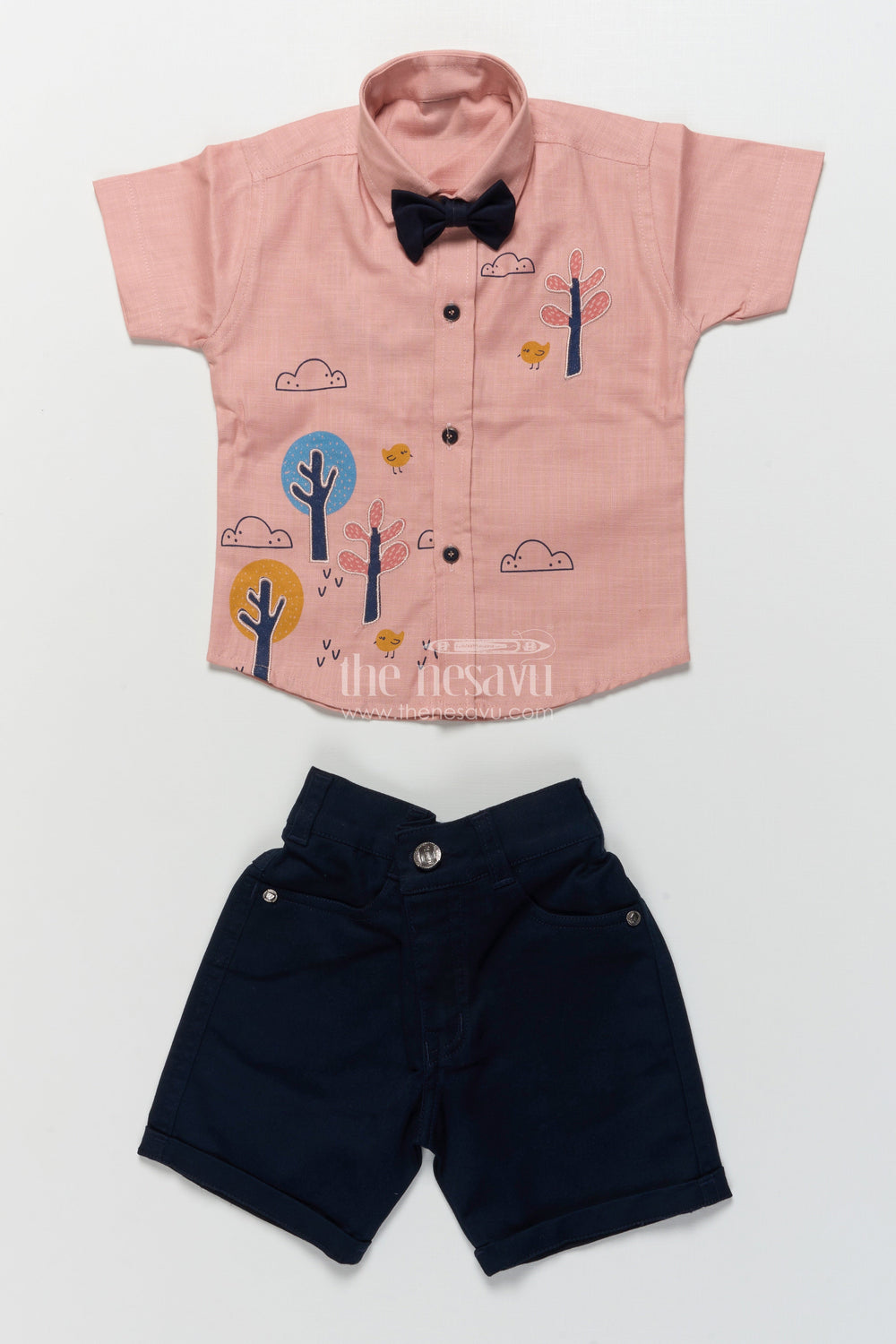The Nesavu Boys Casual Set Boys Tree-Embroidered Shirt and Shorts Set for Birthdays and Outings Nesavu Nesavu boys embroidered nature theme shirt shorts outfit birthdays casual events