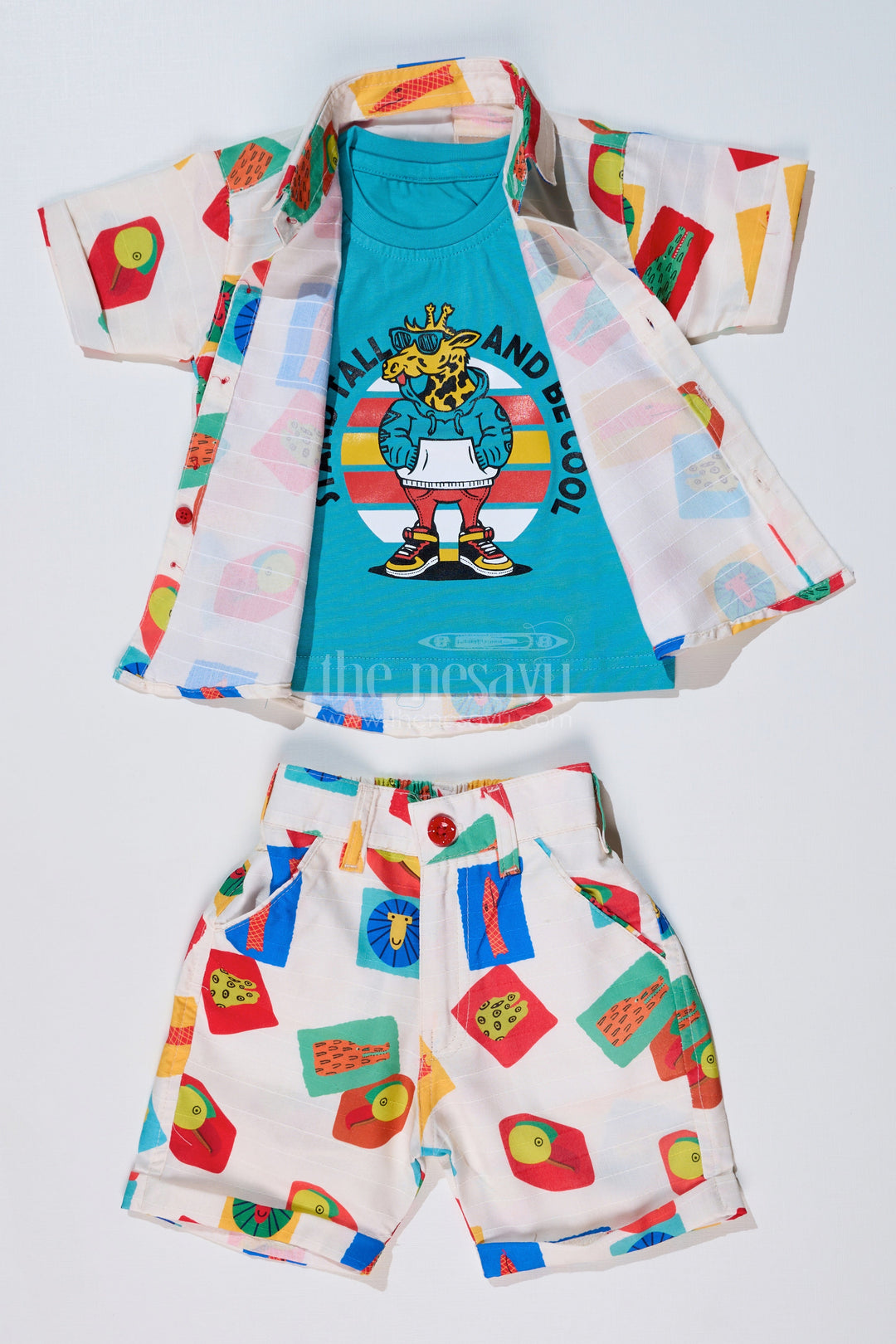 The Nesavu Boys Casual Set Boys Trendy Casual Shirts with Colorful Printed Shorts and Graphic Tank Top Nesavu Boys Trendy Casual Shirts Printed Shorts Graphic Tank Top | The Nesavu