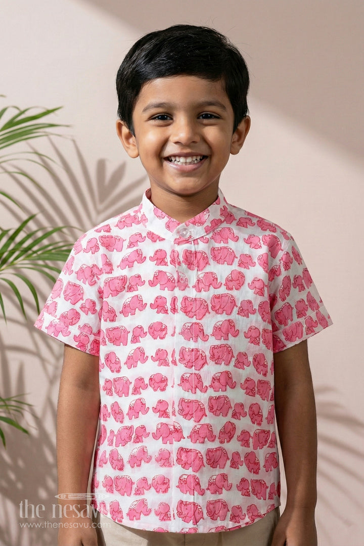 The Nesavu Boys Cotton Shirt Boys Trendy Cotton Shirts in Cotton Block Print with Cute Elephant Motif Nesavu 16 (1Y) / Pink BS247A-16 Boys Trendy Cotton Shirt Cotton Block Print Playful Elephant Print | The Nesavu