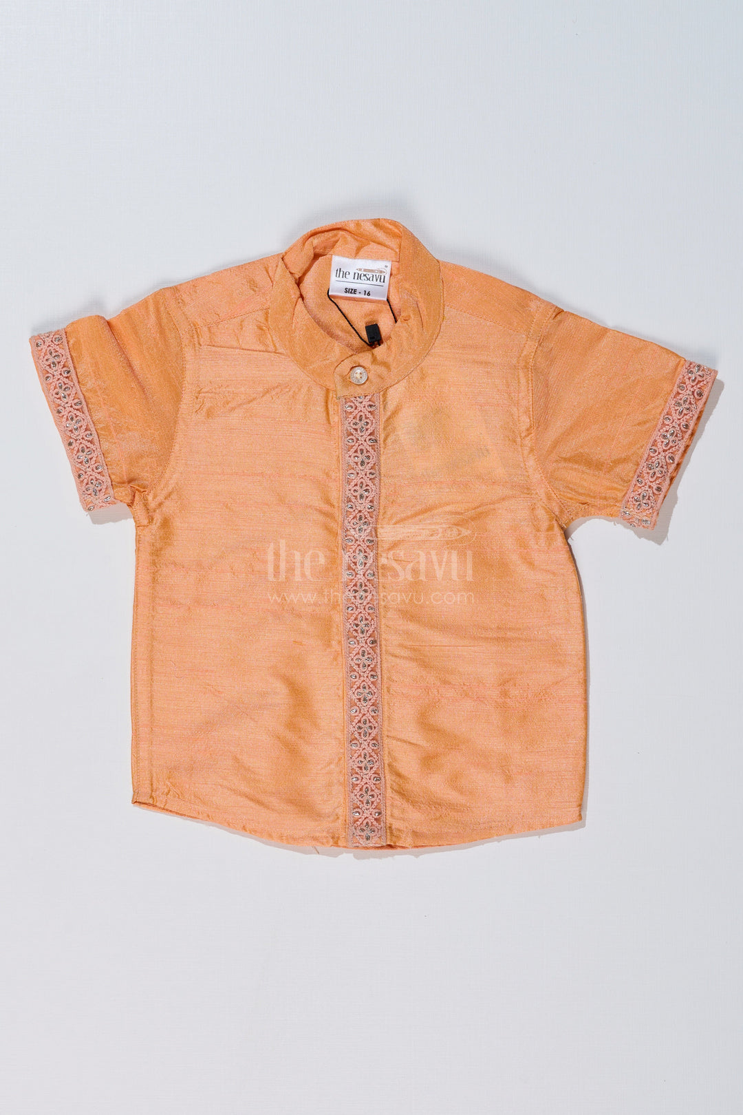 The Nesavu Boys Silk Shirt Boys Trendy Half Sleeve Shirts with Embroidered Borders in Elegant Silk Blend Fabric Nesavu 16 (1Y) / Peach BS231A-16 Boys Trendy Half Sleeve Silk Shirt Embroidered Borders Festive Design | The Nesavu