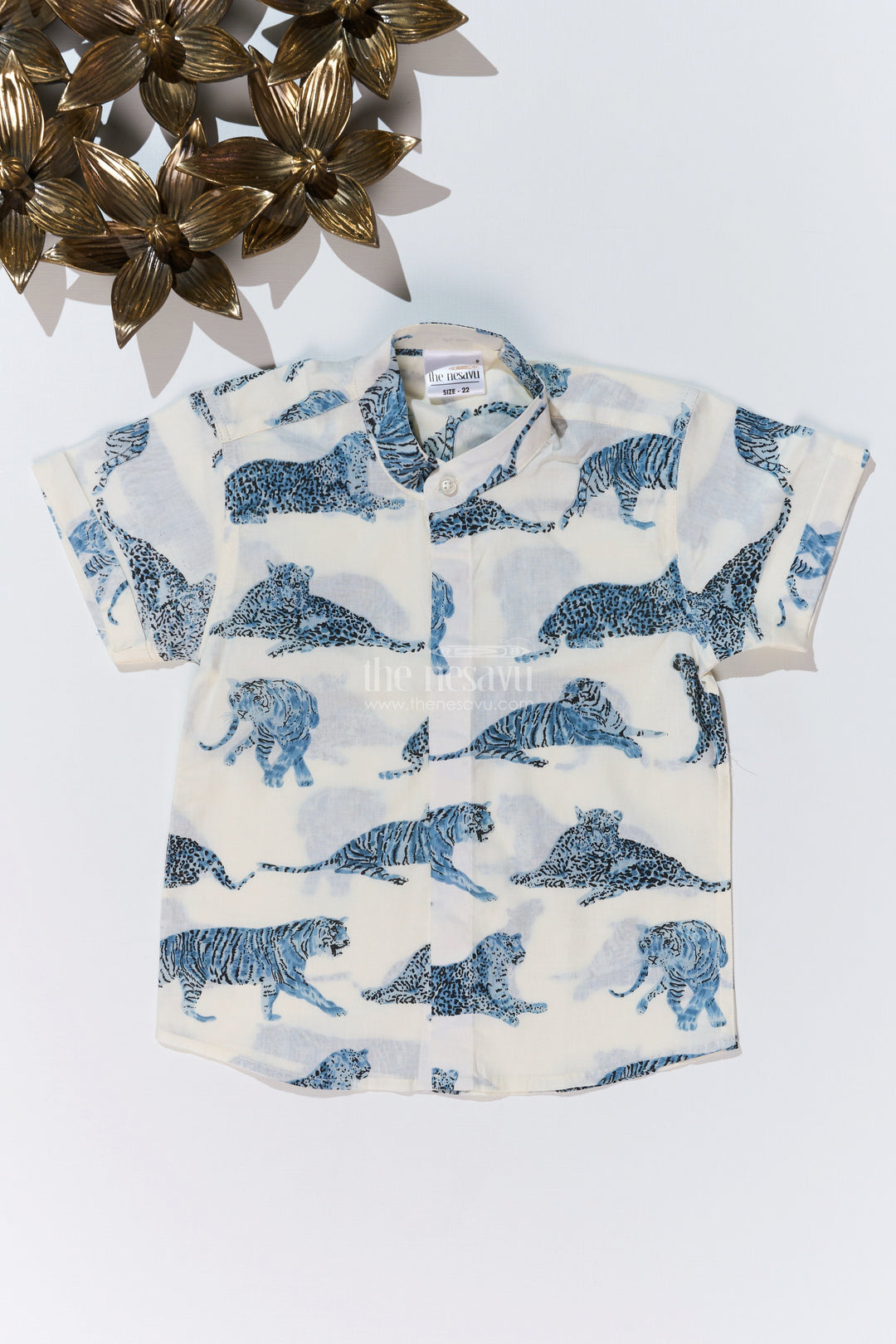 The Nesavu Boys Cotton Shirt Boys Trendy Shirt Designs in Cotton Block Print with Blue Jungle Animal Motif Nesavu 16 (1Y) / White BS239C-16 Boys Trendy Shirt Designs Cotton Block Print Blue Jungle Animal Print | The Nesavu