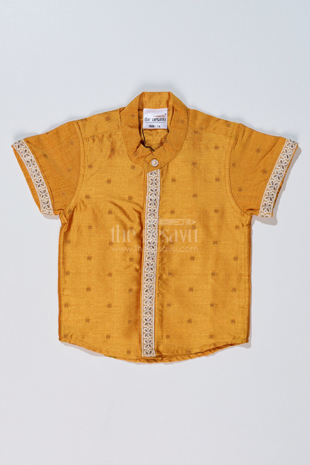 The Nesavu Boys Silk Shirt Boys Trendy Yellow Shirt in Silk Blend with Embroidered Accents for Festive and Cultural Wear Nesavu 16 (1Y) / Gold BS232A-16 Boys Trendy Yellow Silk Shirt Embroidered Accents Short Sleeves | The Nesavu