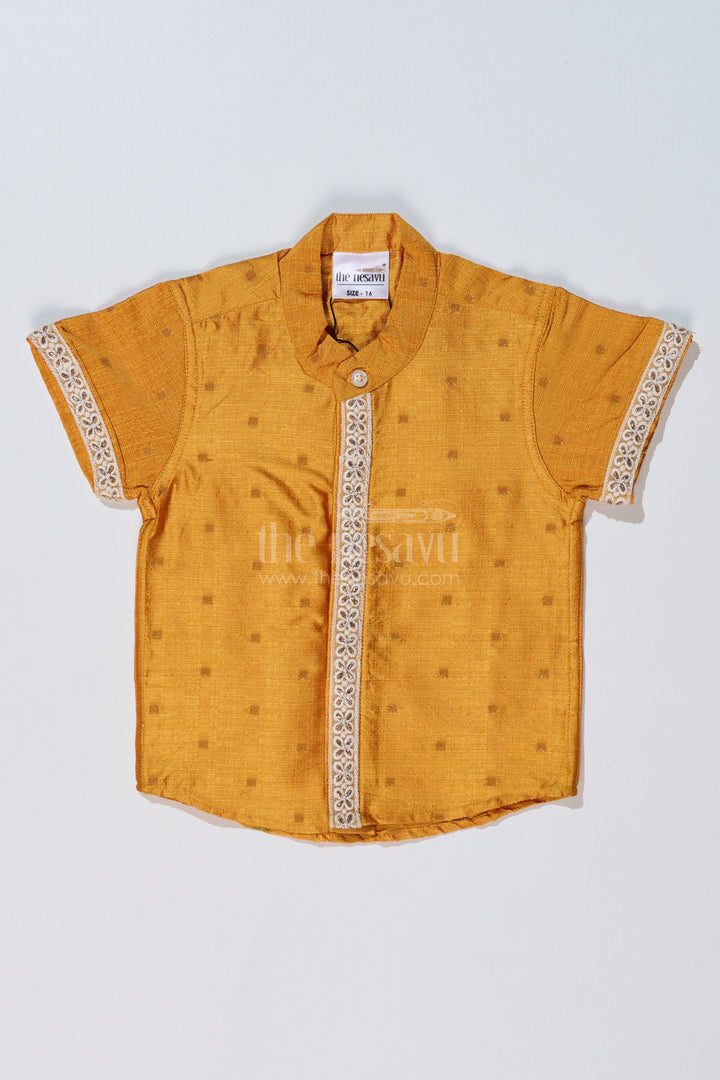 The Nesavu Boys Silk Shirt Boys Trendy Yellow Shirt in Silk Blend with Embroidered Accents for Festive and Cultural Wear Nesavu 16 (1Y) / Gold BS232A-16 Boys Trendy Yellow Silk Shirt Embroidered Accents Short Sleeves | The Nesavu