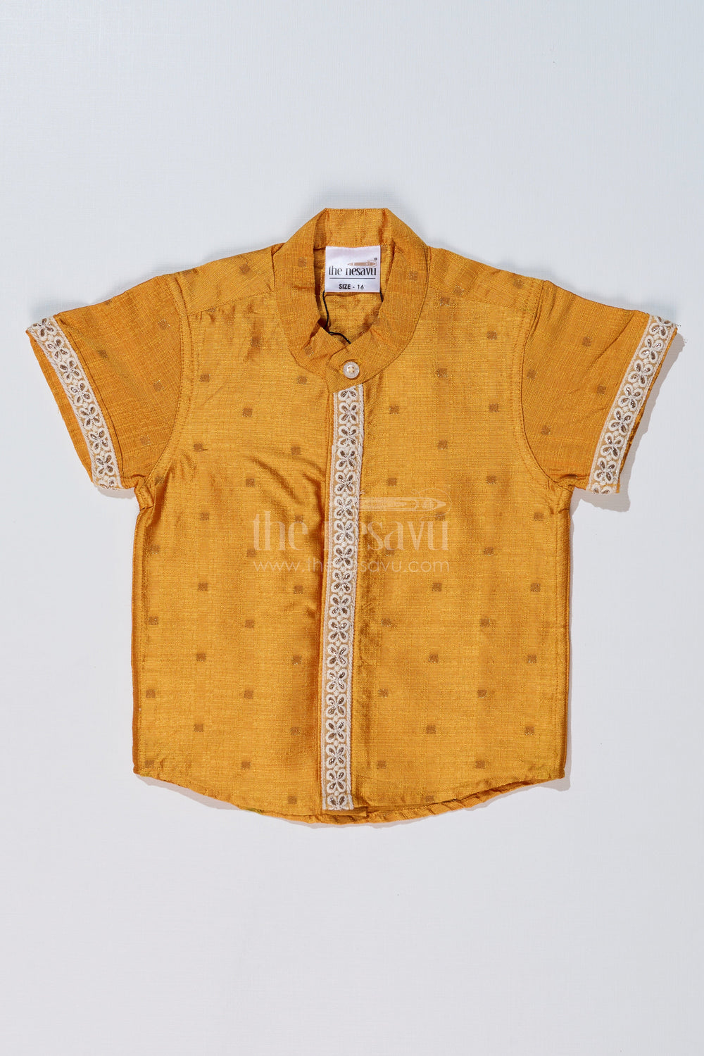 The Nesavu Boys Silk Shirt Boys Trendy Yellow Shirt in Silk Blend with Embroidered Accents for Festive and Cultural Wear Nesavu 16 (1Y) / Gold BS232A-16 Nesavu Boys Trendy Yellow Silk Shirt Embroidered Accents Short Sleeves
