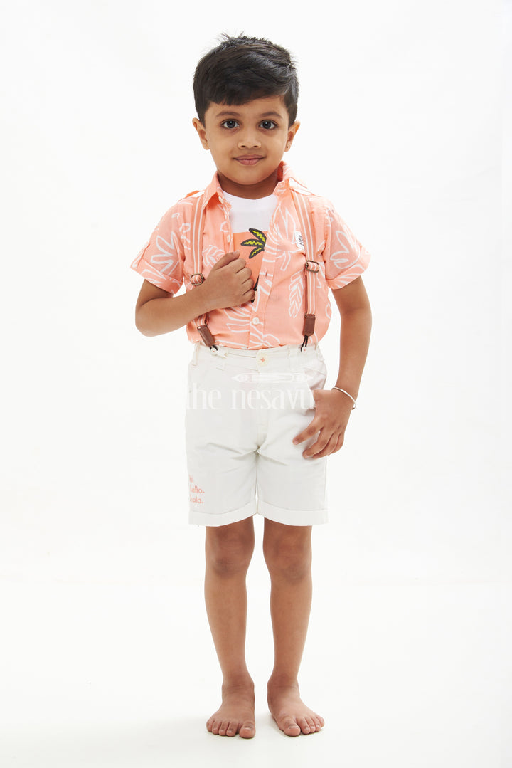 The Nesavu Boys Casual Set Boys' Tropical Beachwear Shirt, Shorts, and Suspenders Set - Peach Nesavu 14 (6M) / Peach BCS073B-14