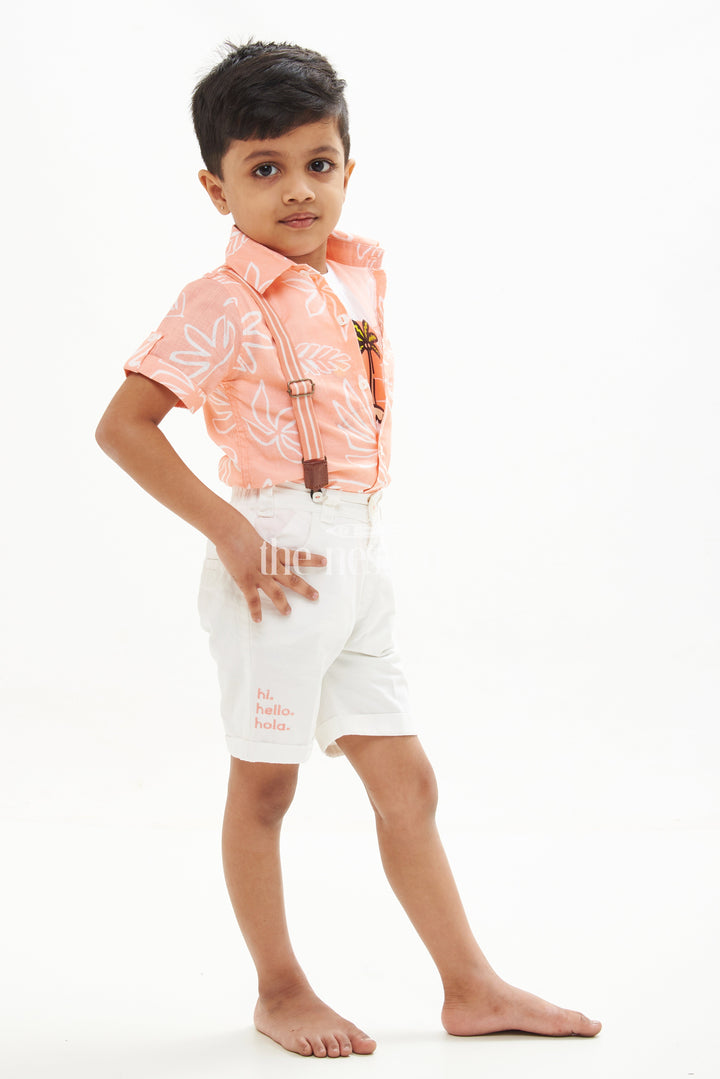 The Nesavu Boys Casual Set Boys' Tropical Beachwear Shirt, Shorts, and Suspenders Set - Peach Nesavu