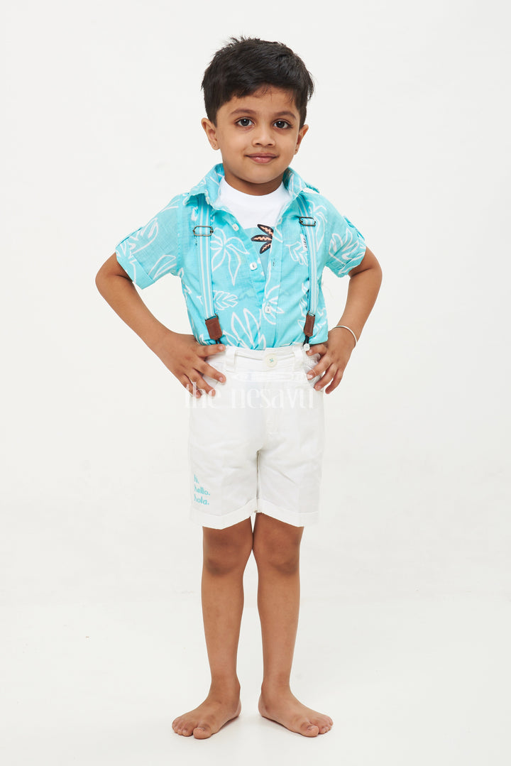 The Nesavu Boys Casual Set Boys' Tropical Beachwear Shirt, Shorts, and Suspenders Set - Turquoise Blue Nesavu 14 (6M) / Turquoise BCS073A-14