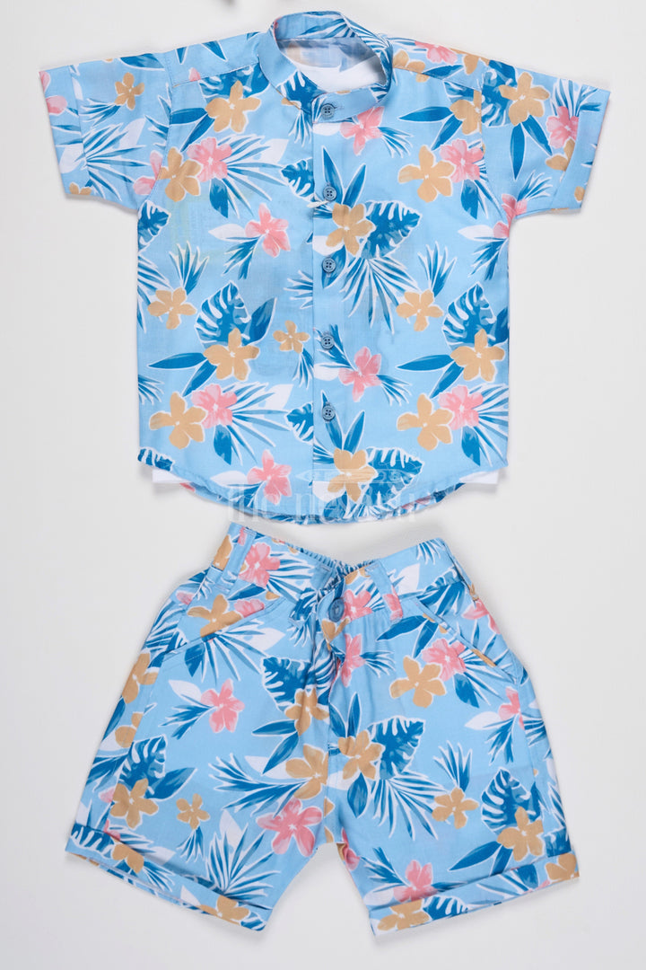 The Nesavu Boys Casual Set Boys Tropical Floral Print Casual Set in Blue and Yellow with Graphic Shirt for Playdates Nesavu Nesavu Boys Blue Tropical Floral Casual Set Graphic Shirt Shorts Summer Playdates