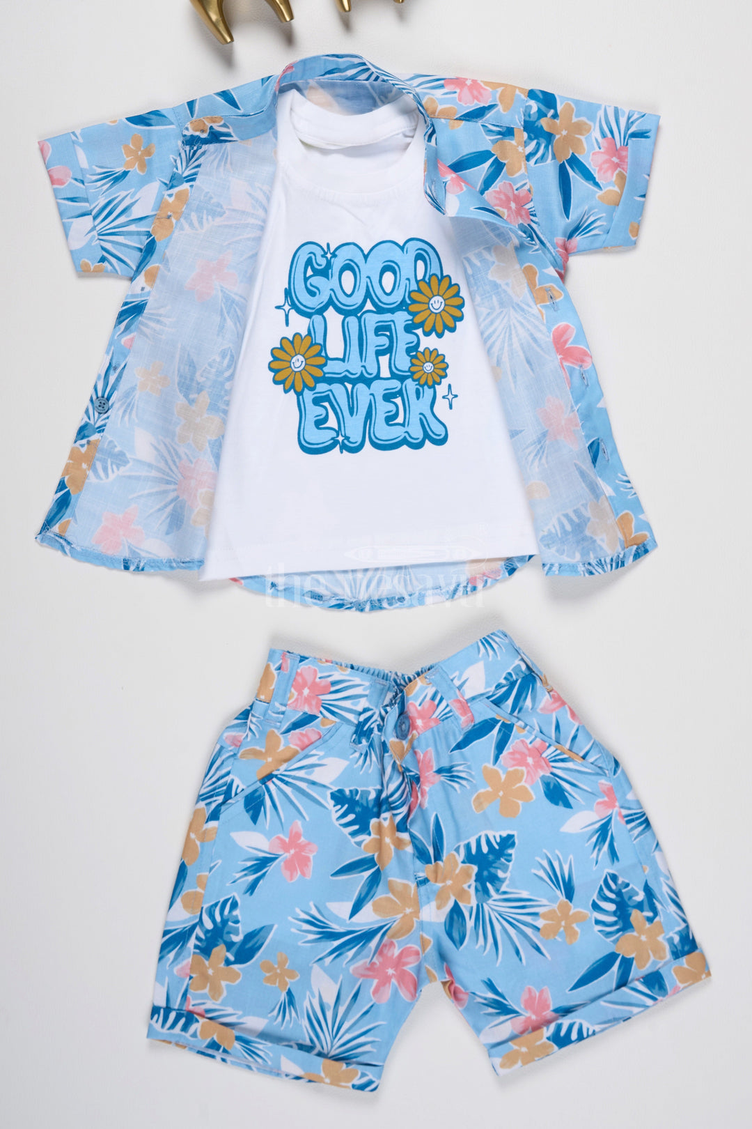 The Nesavu Boys Casual Set Boys Tropical Floral Print Casual Set in Blue and Yellow with Graphic Shirt for Playdates Nesavu Nesavu Boys Blue Tropical Floral Casual Set Graphic Shirt Shorts Summer Playdates