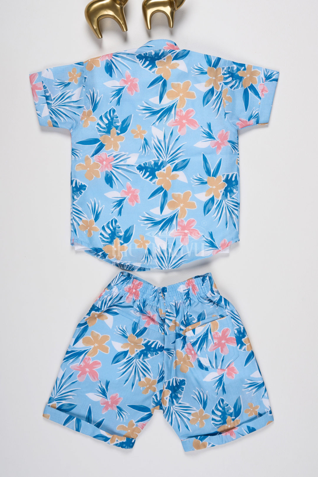 The Nesavu Boys Casual Set Boys Tropical Floral Print Casual Set in Blue and Yellow with Graphic Shirt for Playdates Nesavu Nesavu Boys Blue Tropical Floral Casual Set Graphic Shirt Shorts Summer Playdates