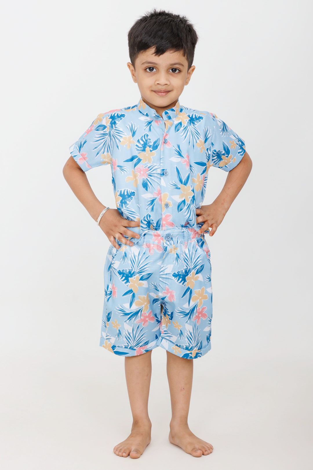 The Nesavu Boys Casual Set Boys Tropical Floral Print Casual Set in Blue and Yellow with Graphic Shirt for Playdates Nesavu Nesavu Boys Blue Tropical Floral Casual Set Graphic Shirt Shorts Summer Playdates