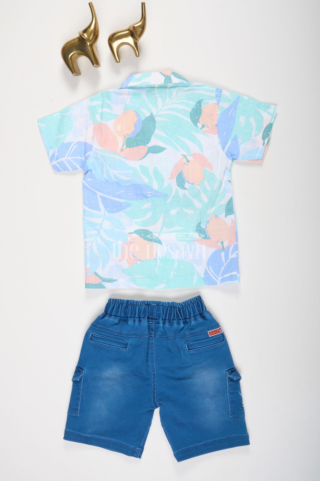 The Nesavu Boys Casual Set Boys Tropical Print Collar Shirt and Denim Blue Shorts Set Nesavu Boys Tropical Print Collar Shirt and Denim Blue Shorts Set Nesavu