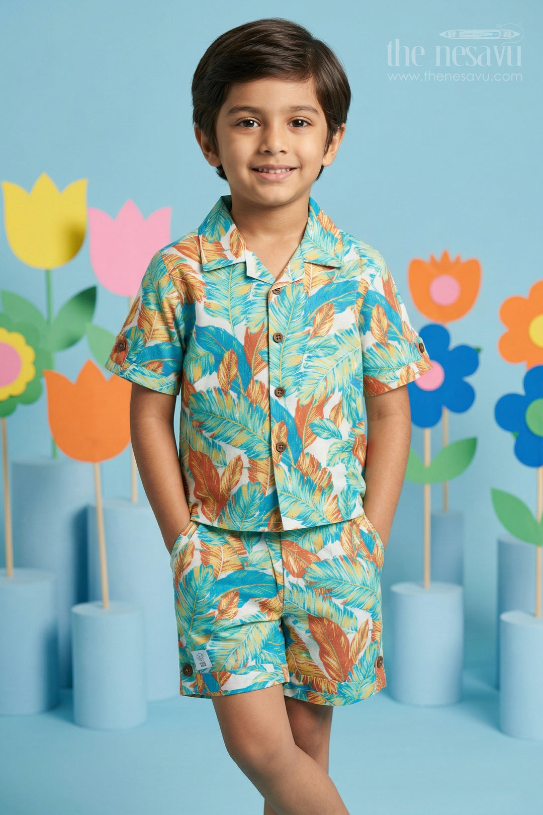 The Nesavu Boys Casual Set Boys Tropical Print Shirt and Shorts Set for Holidays and Outings Nesavu 16 (1Y) / Green / Cotton BCS567A-16 Nesavu boys cotton tropical digital print shirt and shorts set for holidays outings and casual wear