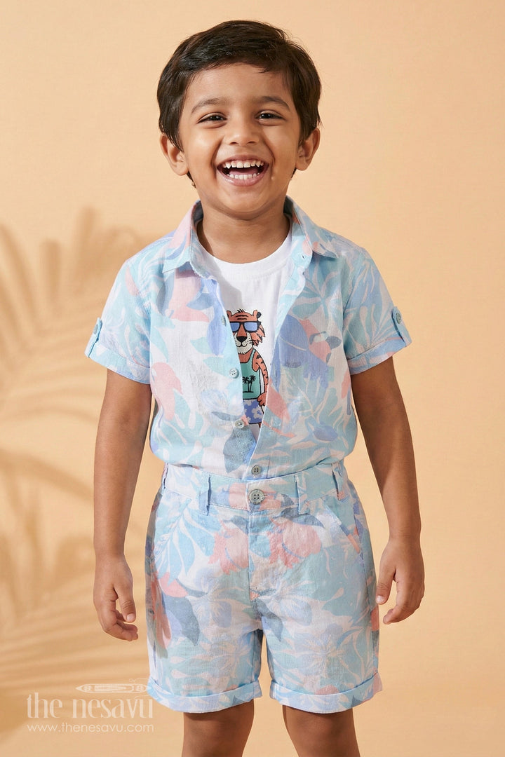 The Nesavu Boys Casual Set Boys Tropical Summer Combo: Tee, Printed Shirt &amp; Shorts Set Nesavu 16 (1Y) / Blue BCS027A-16 Versatile Boys Tee Tropical Print Shorts Set | The Nesavu