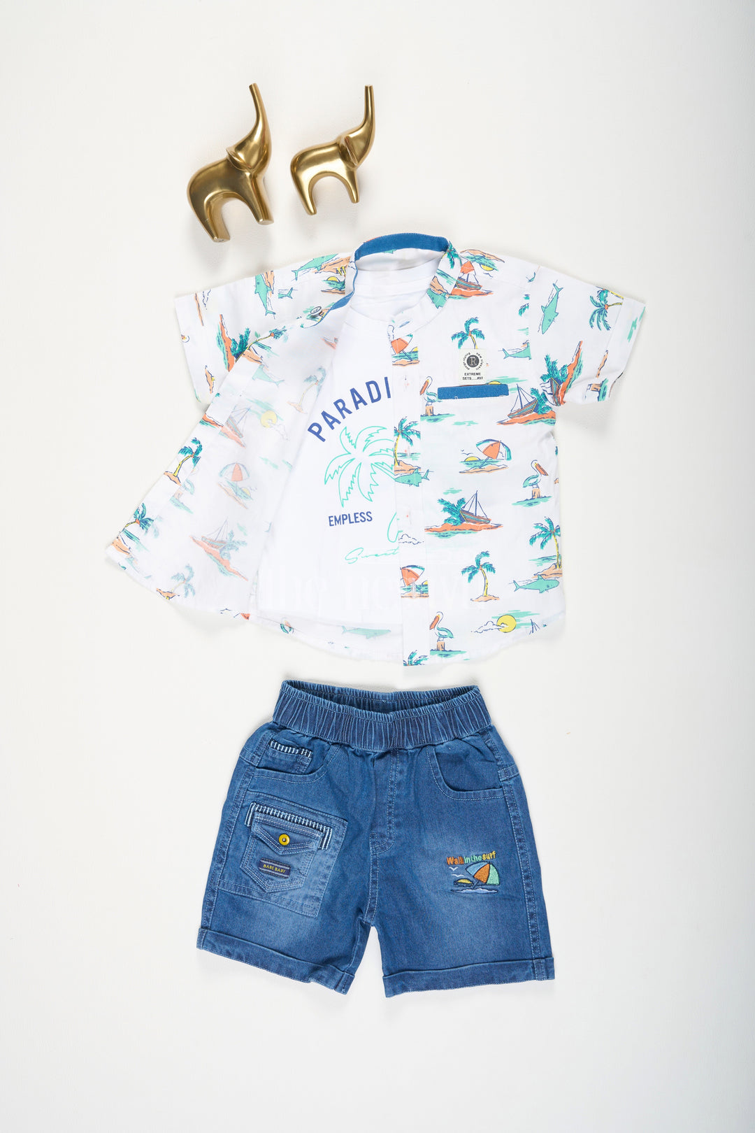 The Nesavu Boys Casual Set Boys TShirt and Denim Shorts Set in Blue with White Beach Print Shirt for Casual Outings Nesavu 14 (6M) / Blue BCS125B-14 Boys T-Shirt and Denim Shorts Set with White Beach Print Shirt Nesavu