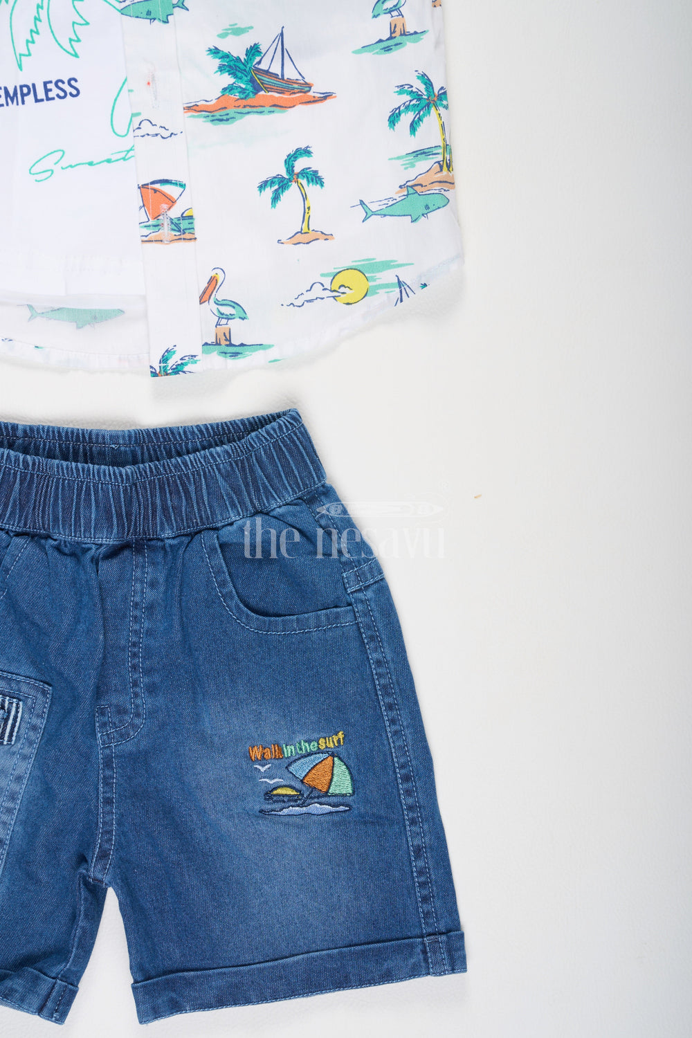 The Nesavu Boys Casual Set Boys TShirt and Denim Shorts Set in Blue with White Beach Print Shirt for Casual Outings Nesavu Boys T-Shirt and Denim Shorts Set with White Beach Print Shirt Nesavu