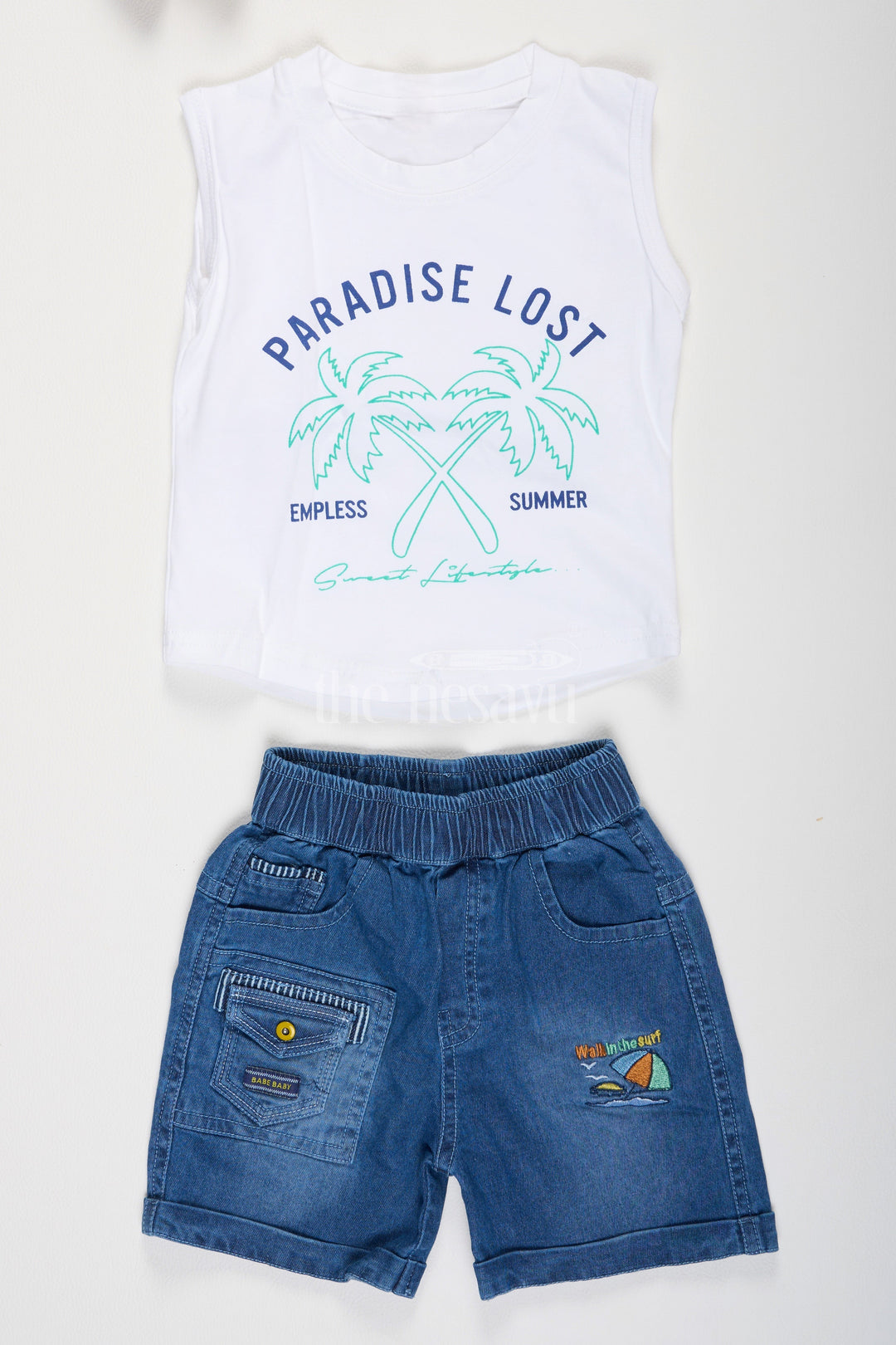 The Nesavu Boys Casual Set Boys TShirt and Denim Shorts Set in Blue with White Beach Print Shirt for Casual Outings Nesavu Boys T-Shirt and Denim Shorts Set with White Beach Print Shirt Nesavu