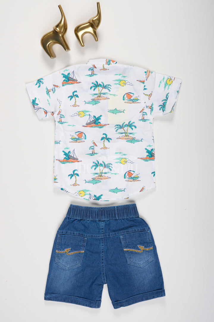 The Nesavu Boys Casual Set Boys TShirt and Denim Shorts Set in Blue with White Beach Print Shirt for Casual Outings Nesavu Boys T-Shirt and Denim Shorts Set with White Beach Print Shirt Nesavu