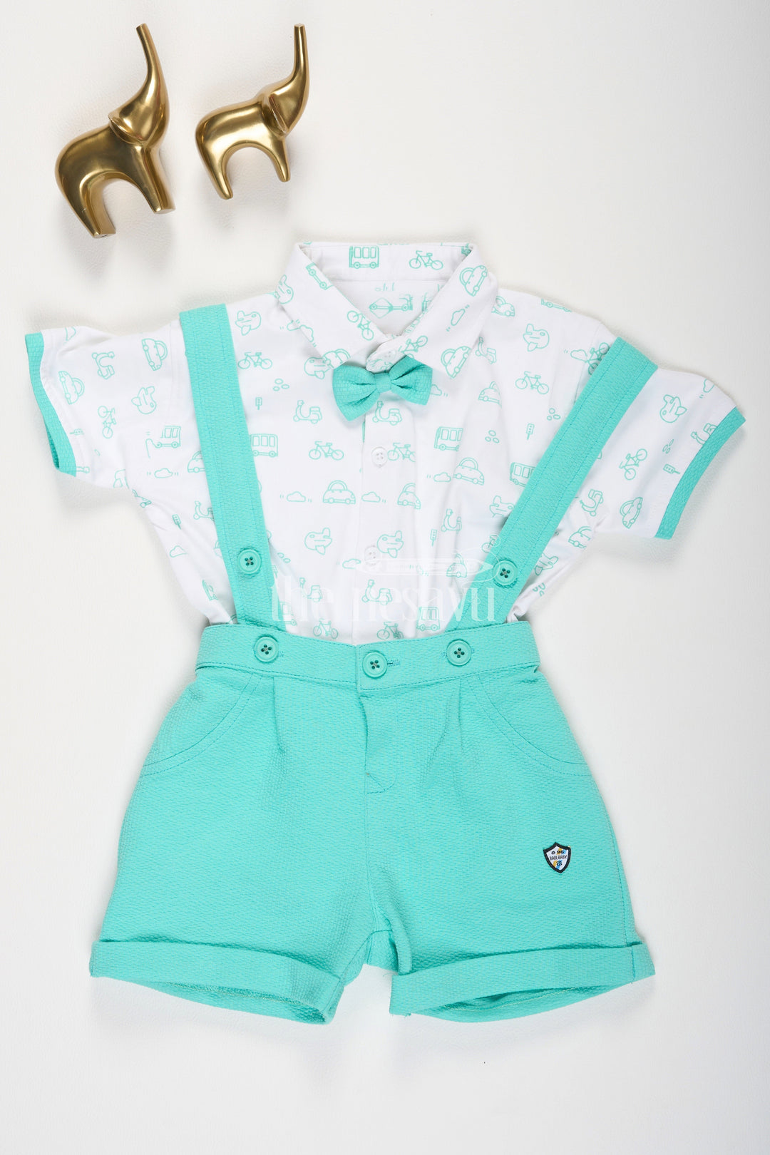 The Nesavu Boys Casual Set Boys Turquoise Suspender Shorts and Transportation Print Shirt Set Nesavu 14 (6M) / Turquoise BCS118A-14 Boys Turquoise Suspender Shorts and Transportation Print Shirt Set Nesavu