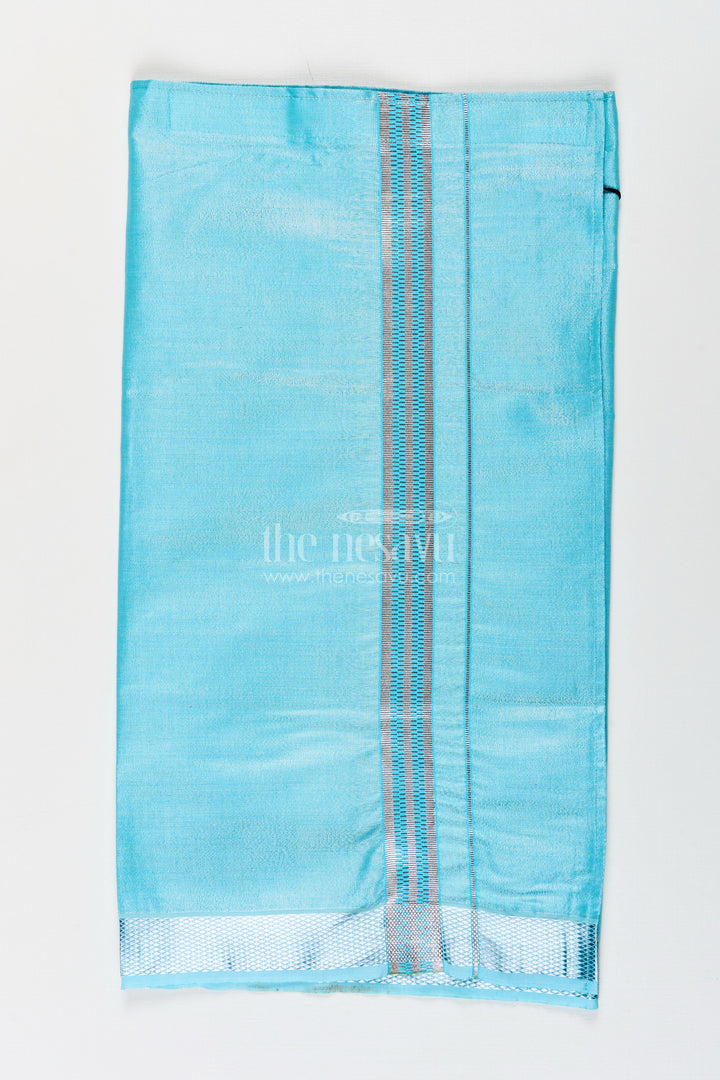 The Nesavu Boys Vesti Boys Turquoise Tissue Dhoti with Silver Zari Border for Vibrant and Comfortable Dhoti Clothing Nesavu 16 (1Y) / Blue D022A-16 Boys Dhoti Clothing Turquoise Tissue Silver Zari Border Vibrant Traditional Wear | The Nesavu