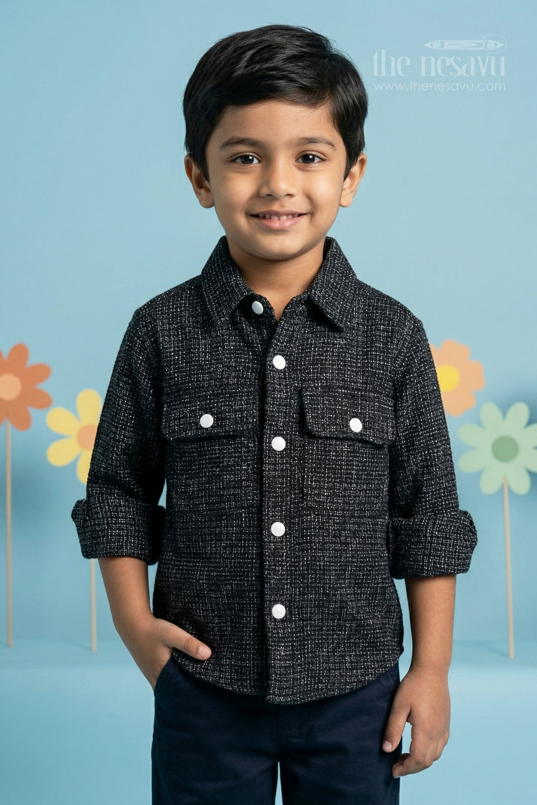 The Nesavu Boys Cotton Shirt Boys Tweed Cotton Shirt for Festive and Casual Wear Nesavu 18 (2Y) / Black / Cotton Blend BS403B-18 Nesavu Boys Tweed Cotton Shirt For Festive Occasions Casual Outings And Smart Styling