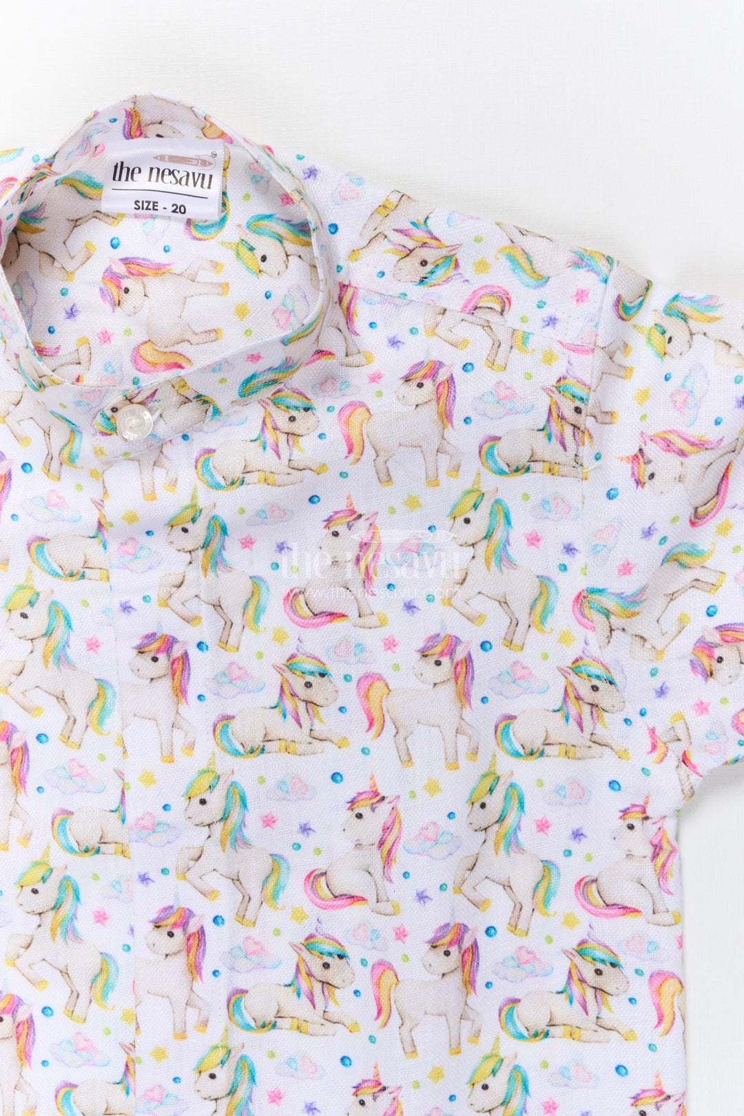 The Nesavu Boys Linen Shirt Boys Unicorn Print Linen Shirt for Birthdays and Playdates Nesavu Nesavu boys unicorn print linen shirt birthdays themed parties magical casual wear