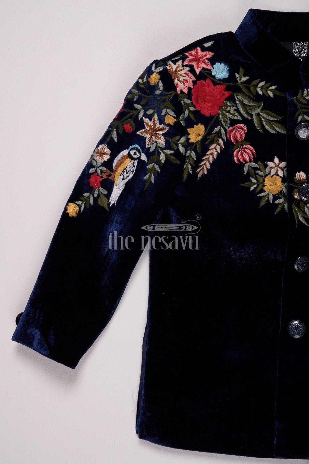 The Nesavu Boys Casual Set Boys Velvet Christmas Shirt with Intricate Floral Embroidery and Coordinated Pants Nesavu Nesavu Boys Velvet Christmas Shirt Embroidered Jacket Cream Pants