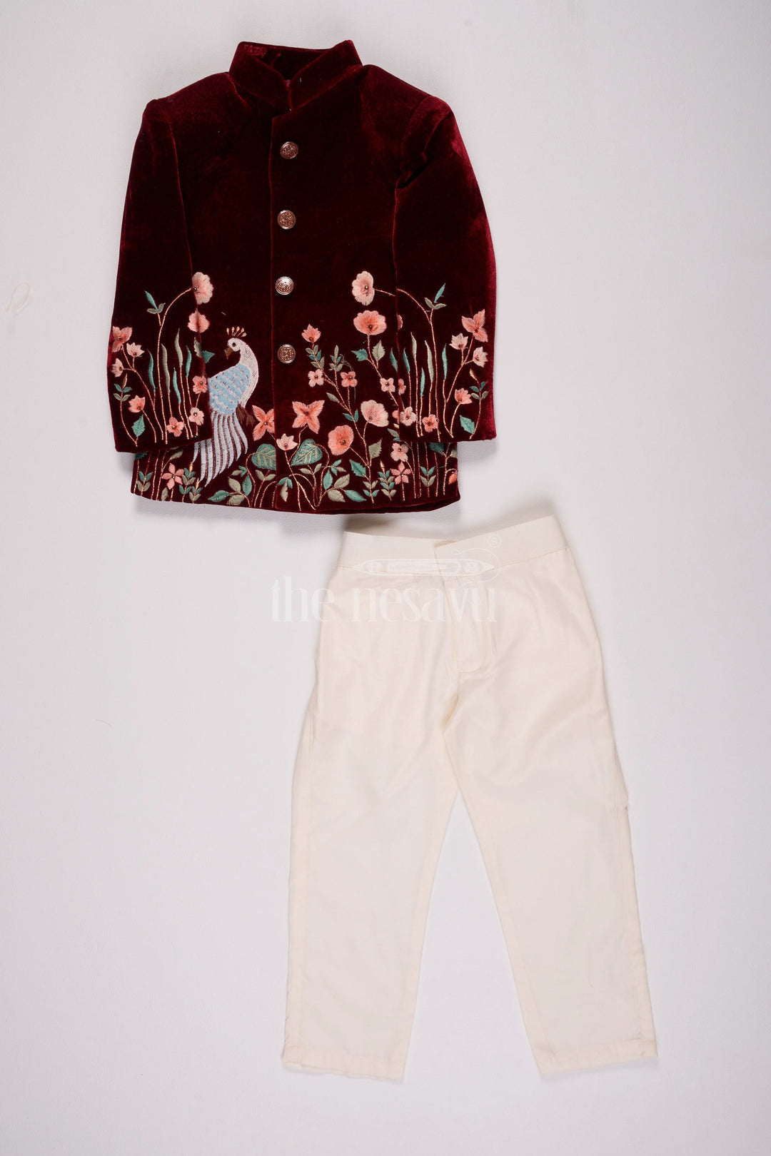 The Nesavu Boys Casual Set Boys Velvet Holiday Shirt with Peacock Embroidery and Cream Tailored Pants Nesavu 16 (1Y) / Maroon BES615A-16 Nesavu Boys Velvet Holiday Shirt Peacock Embroidery Cream Tailored Pants