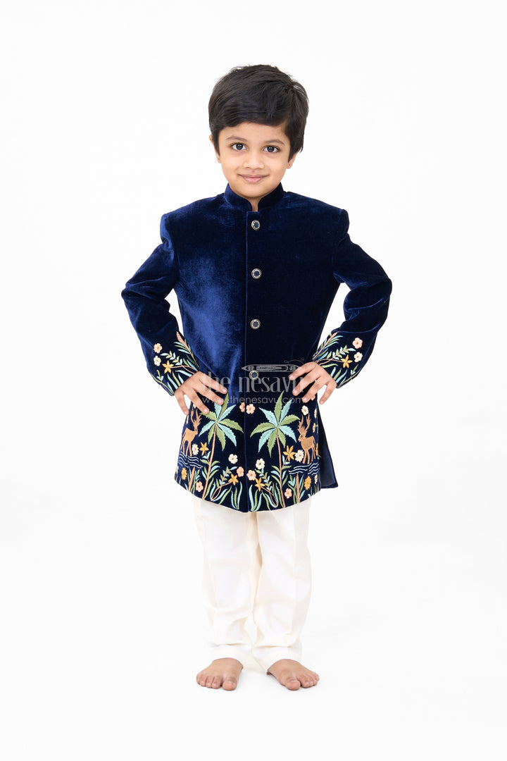 The Nesavu Boys Kurtha Set Boys Velvet Kurta Set with Embroidered Jacket and Cream Pants Nesavu 16 (1Y) / Blue BES620A-16 Boys Velvet Kurta Set Embroidered Jacket Cream Pants Weddings | The Nesavu
