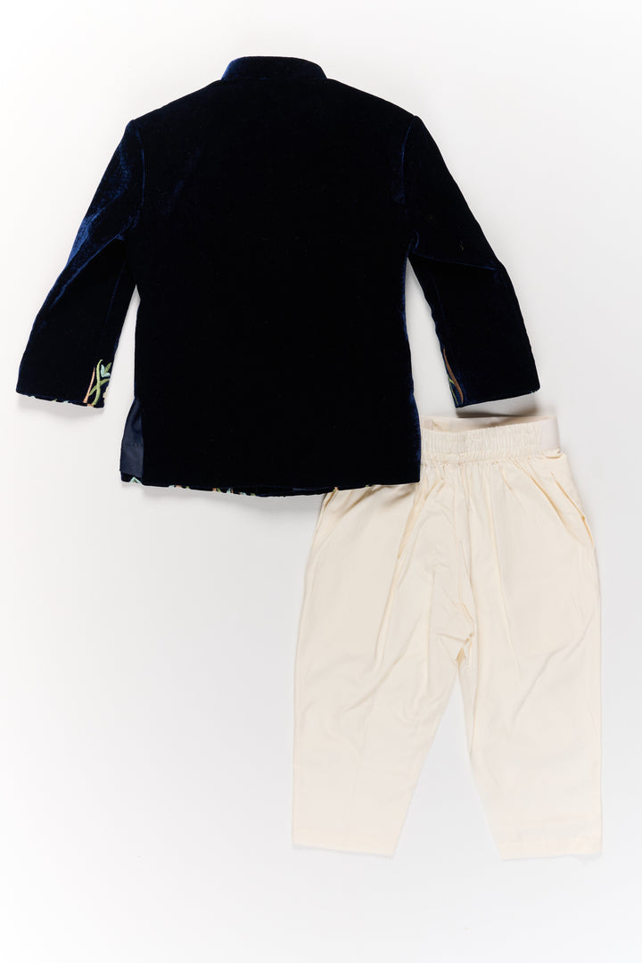 The Nesavu Boys Kurtha Set Boys Velvet Kurta Set with Embroidered Jacket and Cream Pants Nesavu Boys Velvet Kurta Set Embroidered Jacket Cream Pants Weddings | The Nesavu