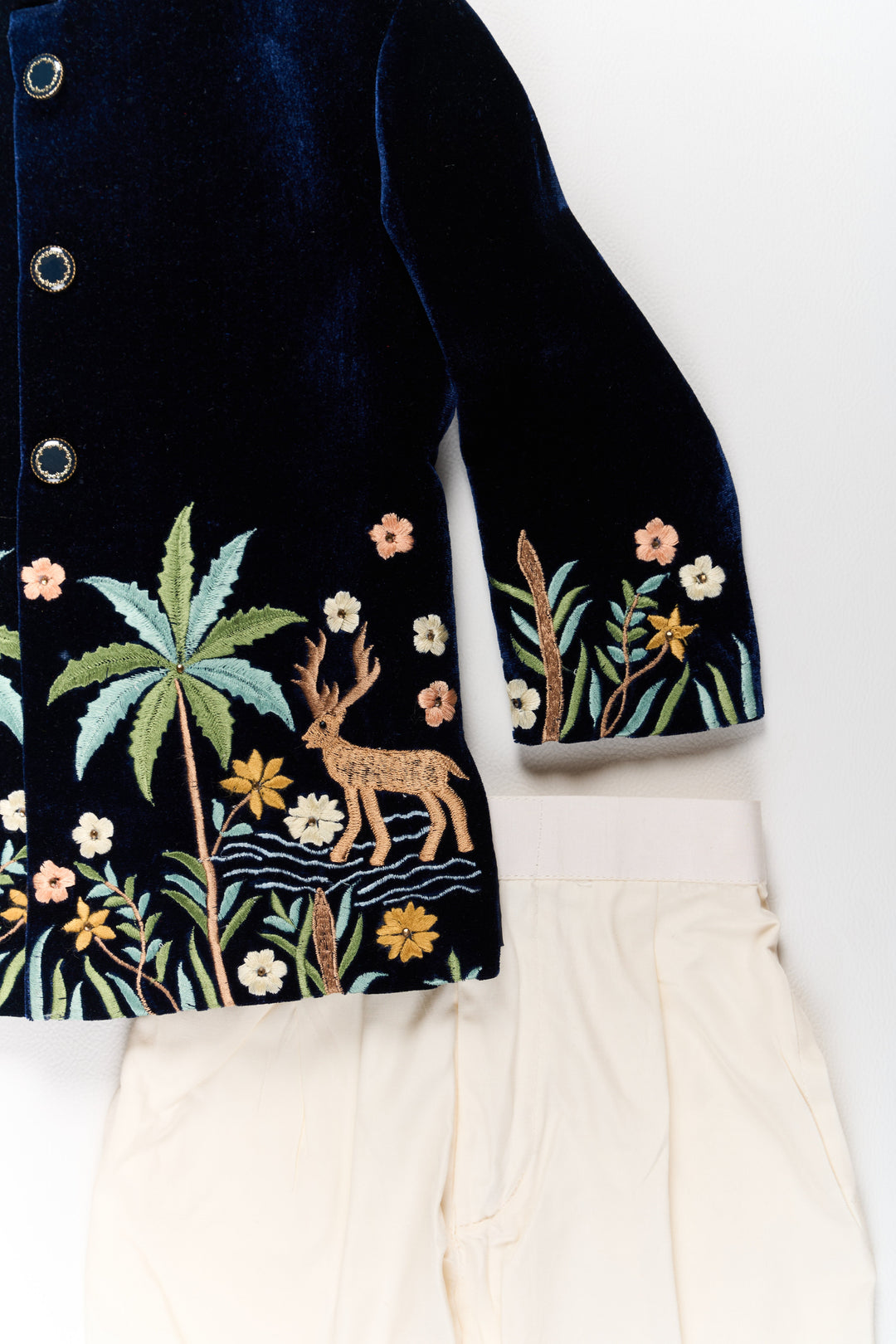 The Nesavu Boys Kurtha Set Boys Velvet Kurta Set with Embroidered Jacket and Cream Pants Nesavu Boys Velvet Kurta Set Embroidered Jacket Cream Pants Weddings | The Nesavu