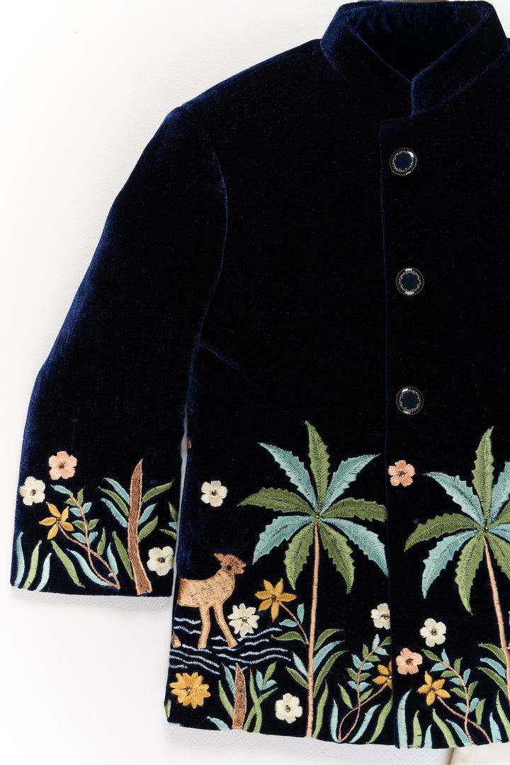 The Nesavu Boys Kurtha Set Boys Velvet Kurta Set with Embroidered Jacket and Cream Pants Nesavu Boys Velvet Kurta Set Embroidered Jacket Cream Pants Weddings | The Nesavu